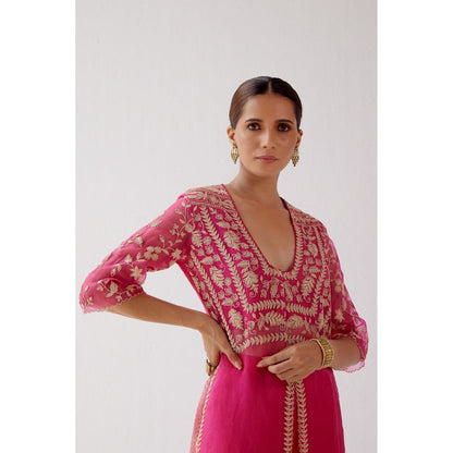 Devnaagri Fuchsia Pink Slit Chanderi Kurta and Palazzo (Set of 2)