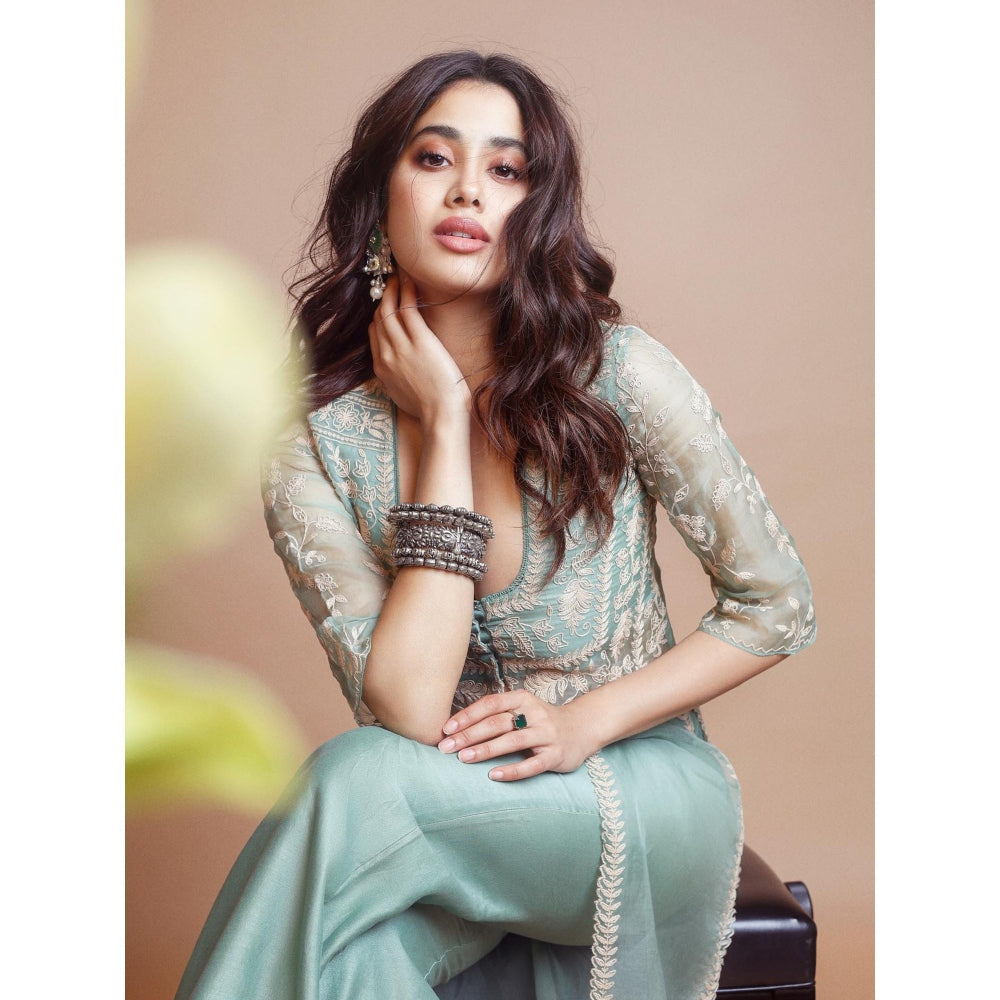 Devnaagri Sage Green Slit Chanderi Kurta and Palazzo (Set of 2)