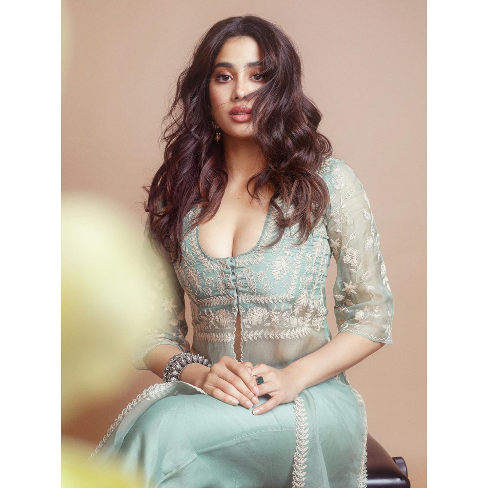 Devnaagri Sage Green Slit Chanderi Kurta and Palazzo (Set of 2)