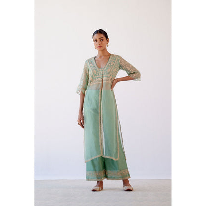 Devnaagri Sage Green Slit Chanderi Kurta and Palazzo (Set of 2)