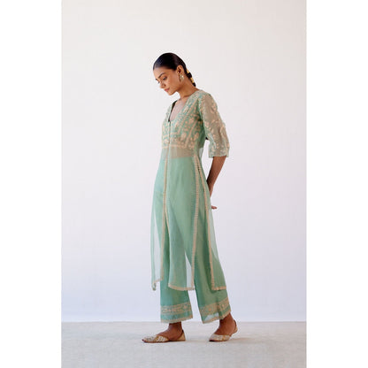 Devnaagri Sage Green Slit Chanderi Kurta and Palazzo (Set of 2)