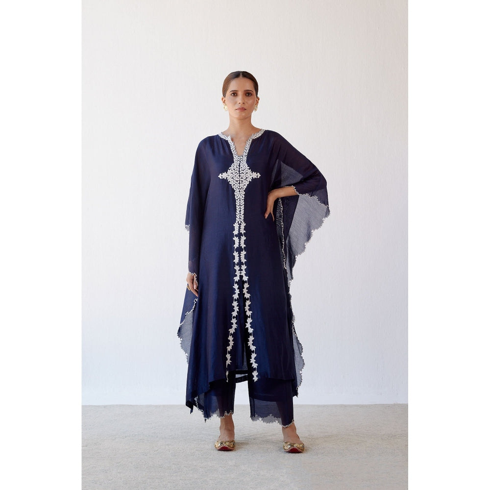 Devnaagri Navy Ivory Chanderi Kaftan and Palazzo (Set of 2)