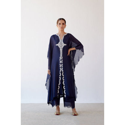 Devnaagri Navy Ivory Chanderi Kaftan and Palazzo (Set of 2)