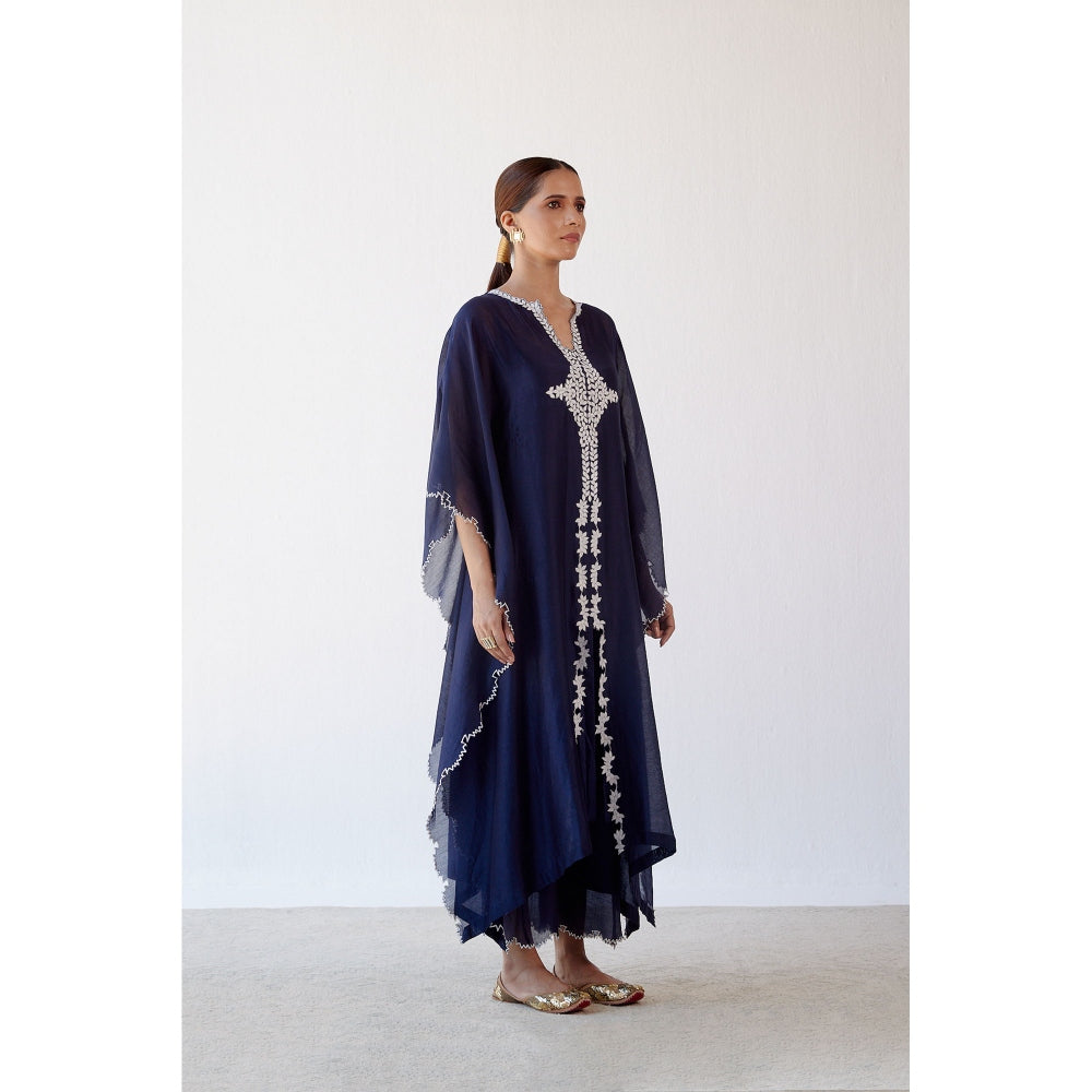 Devnaagri Navy Ivory Chanderi Kaftan and Palazzo (Set of 2)