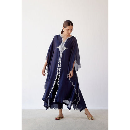 Devnaagri Navy Ivory Chanderi Kaftan and Palazzo (Set of 2)
