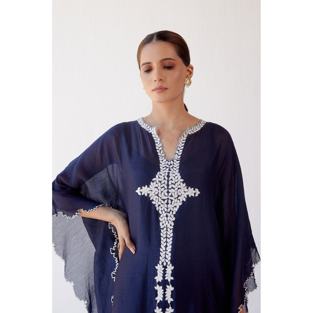 Devnaagri Navy Ivory Chanderi Kaftan and Palazzo (Set of 2)