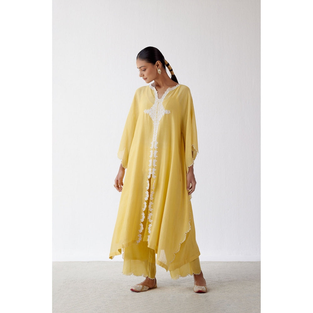 Devnaagri Yellow Ivory Chanderi Kaftan and Palazzo (Set of 2)
