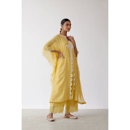 Devnaagri Yellow Ivory Chanderi Kaftan and Palazzo (Set of 2)