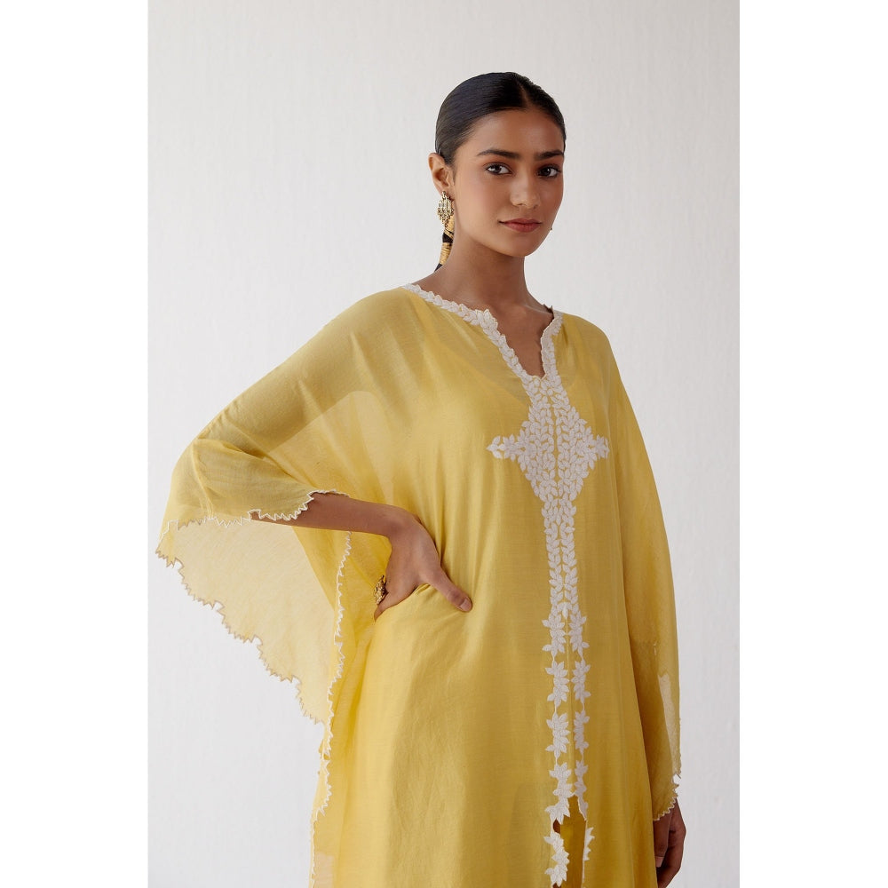 Devnaagri Yellow Ivory Chanderi Kaftan and Palazzo (Set of 2)