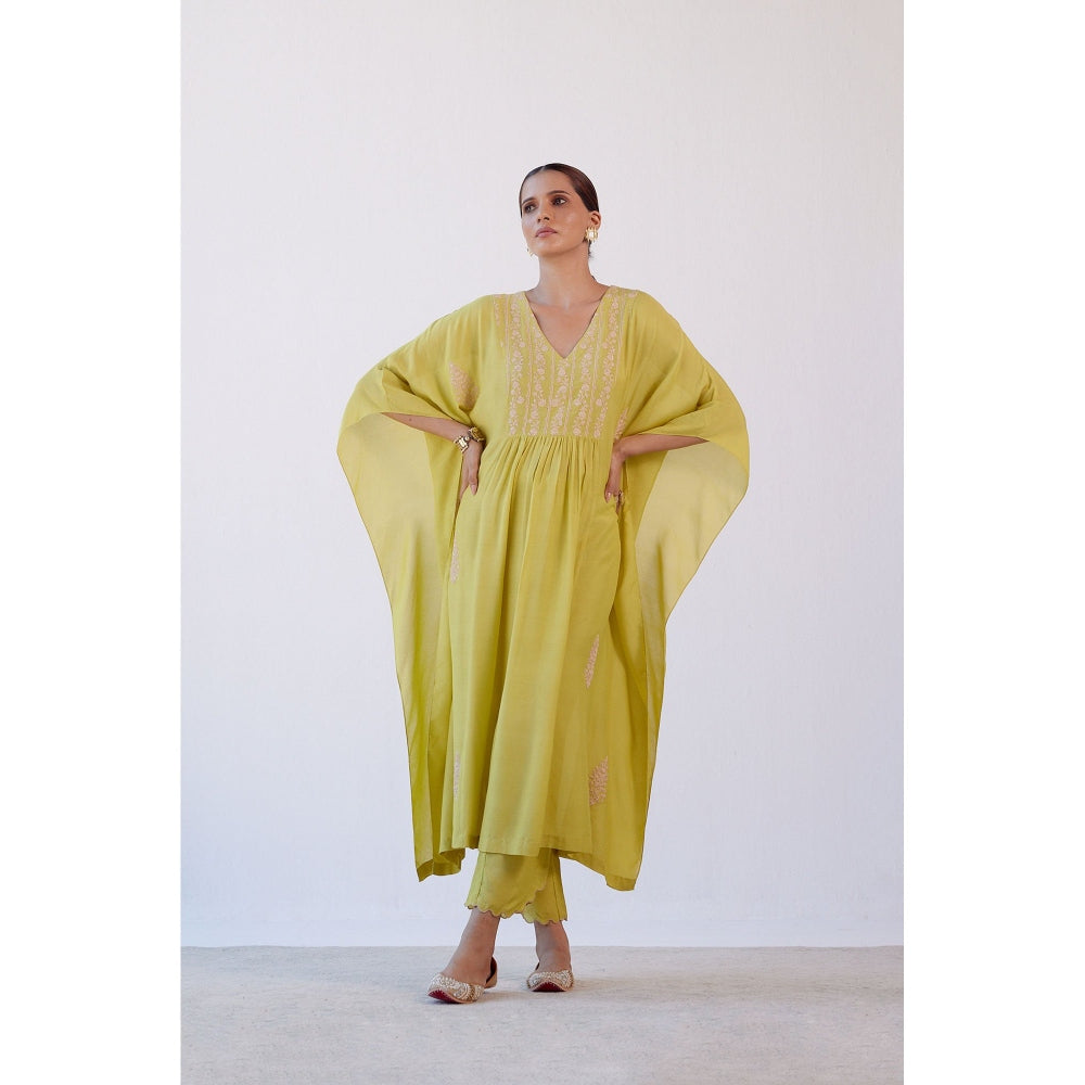 Devnaagri Lime Green Embroidered Kaftan and Palazzo (Set of 2)