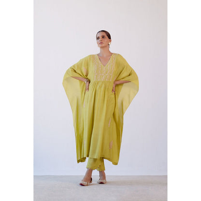 Devnaagri Lime Green Embroidered Kaftan and Palazzo (Set of 2)