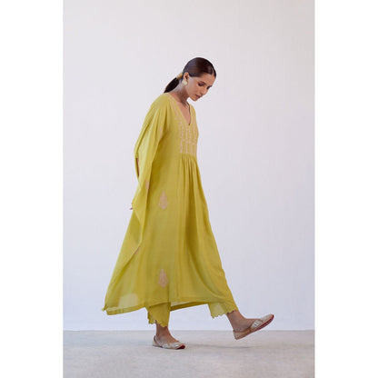 Devnaagri Lime Green Embroidered Kaftan and Palazzo (Set of 2)