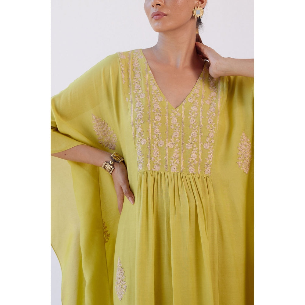 Devnaagri Lime Green Embroidered Kaftan and Palazzo (Set of 2)