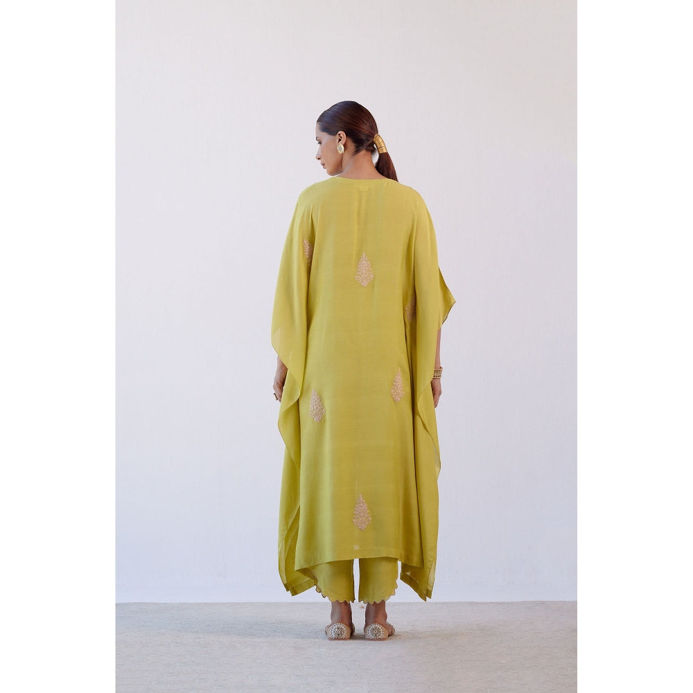 Devnaagri Lime Green Embroidered Kaftan and Palazzo (Set of 2)