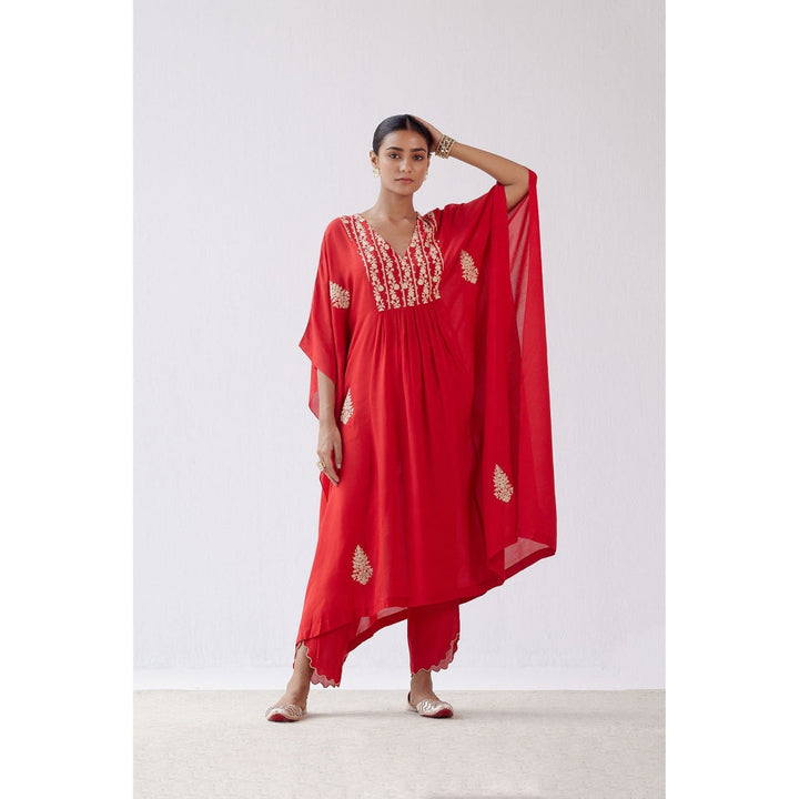 Devnaagri Red Embroidered Kaftan and Palazzo (Set of 2)