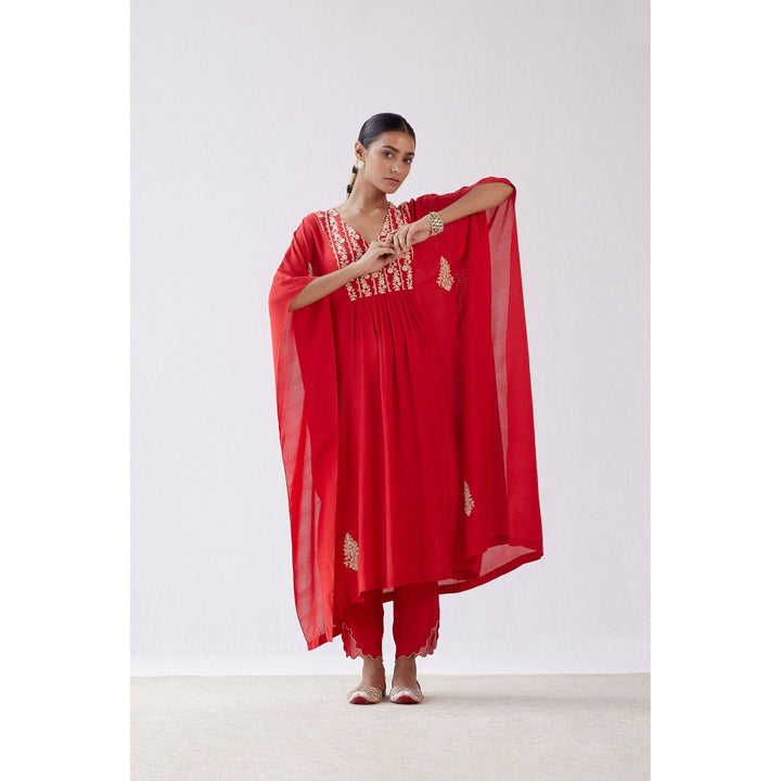 Devnaagri Red Embroidered Kaftan and Palazzo (Set of 2)