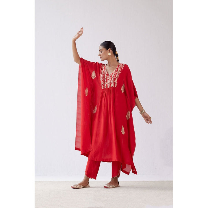 Devnaagri Red Embroidered Kaftan and Palazzo (Set of 2)