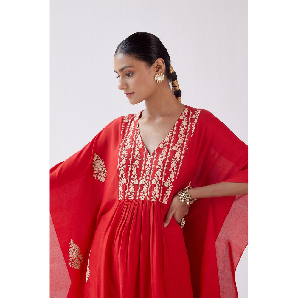 Devnaagri Red Embroidered Kaftan and Palazzo (Set of 2)