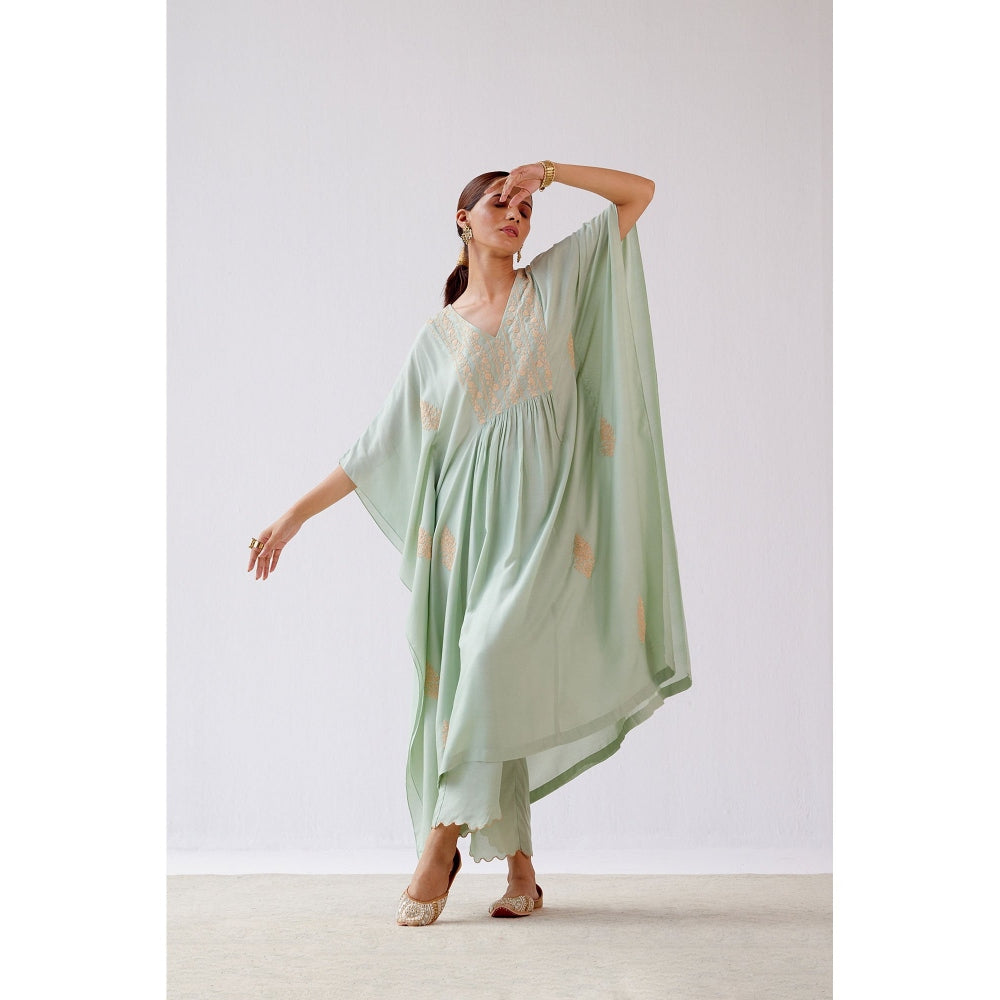 Devnaagri Sage Green Embroidered Kaftan and Palazzo (Set of 2)