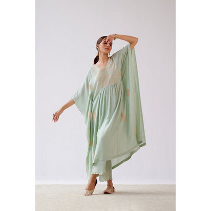 Devnaagri Sage Green Embroidered Kaftan and Palazzo (Set of 2)