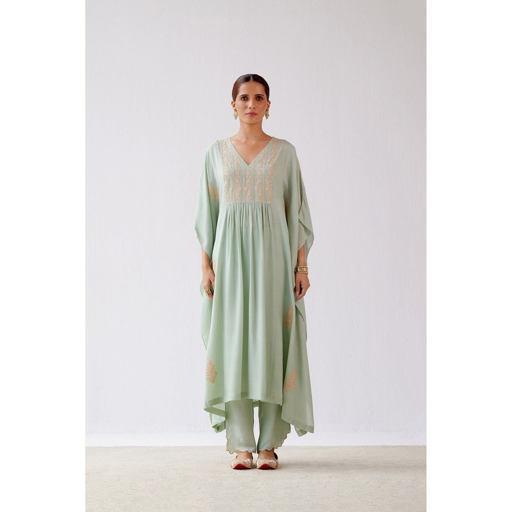 Devnaagri Sage Green Embroidered Kaftan and Palazzo (Set of 2)