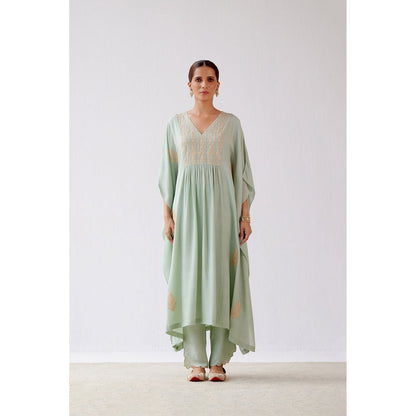 Devnaagri Sage Green Embroidered Kaftan and Palazzo (Set of 2)