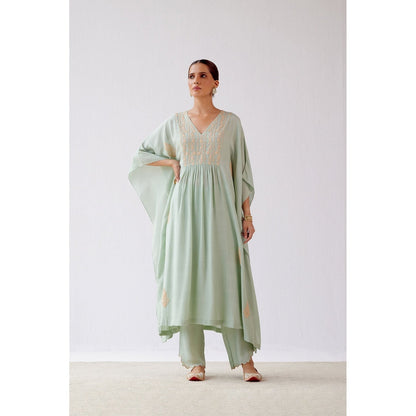 Devnaagri Sage Green Embroidered Kaftan and Palazzo (Set of 2)