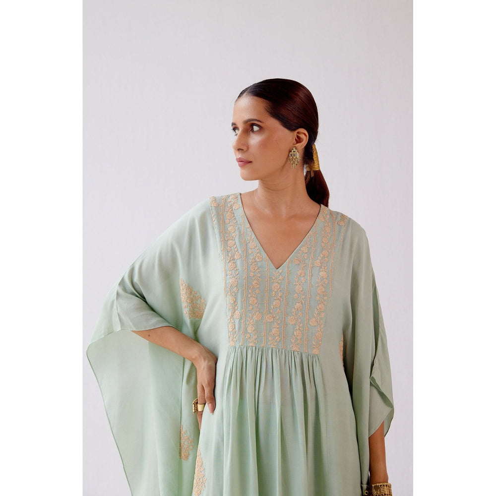 Devnaagri Sage Green Embroidered Kaftan and Palazzo (Set of 2)