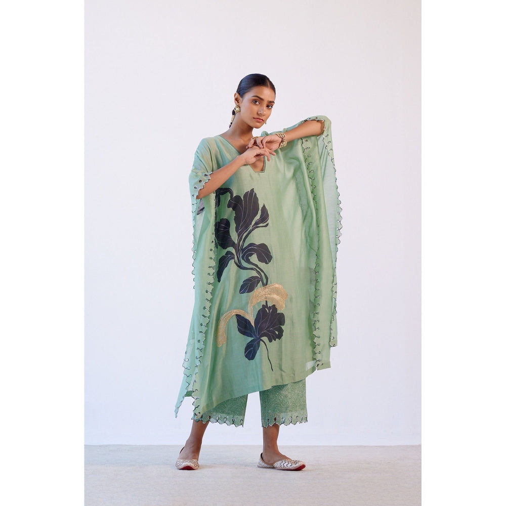Devnaagri Green Hand Painted Chanderi Kaftan and Palazzo (Set of 2)