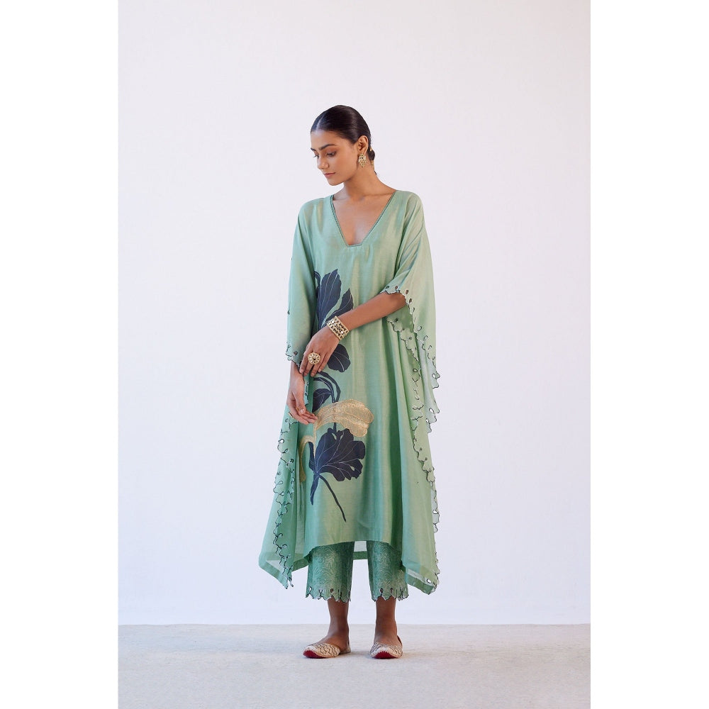 Devnaagri Green Hand Painted Chanderi Kaftan and Palazzo (Set of 2)