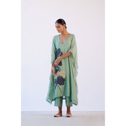 Devnaagri Green Hand Painted Chanderi Kaftan and Palazzo (Set of 2)