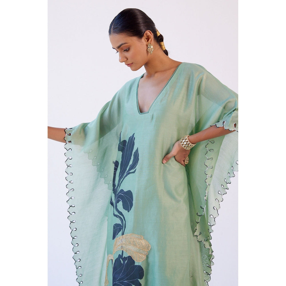 Devnaagri Green Hand Painted Chanderi Kaftan and Palazzo (Set of 2)