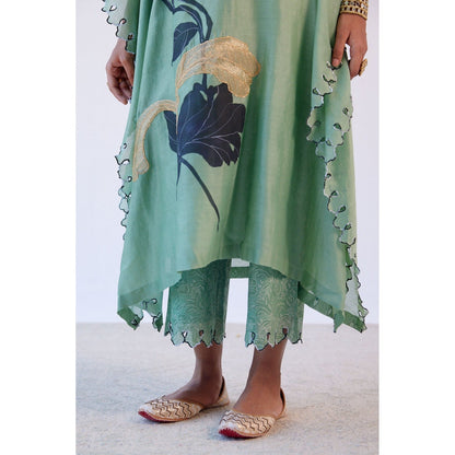 Devnaagri Green Hand Painted Chanderi Kaftan and Palazzo (Set of 2)