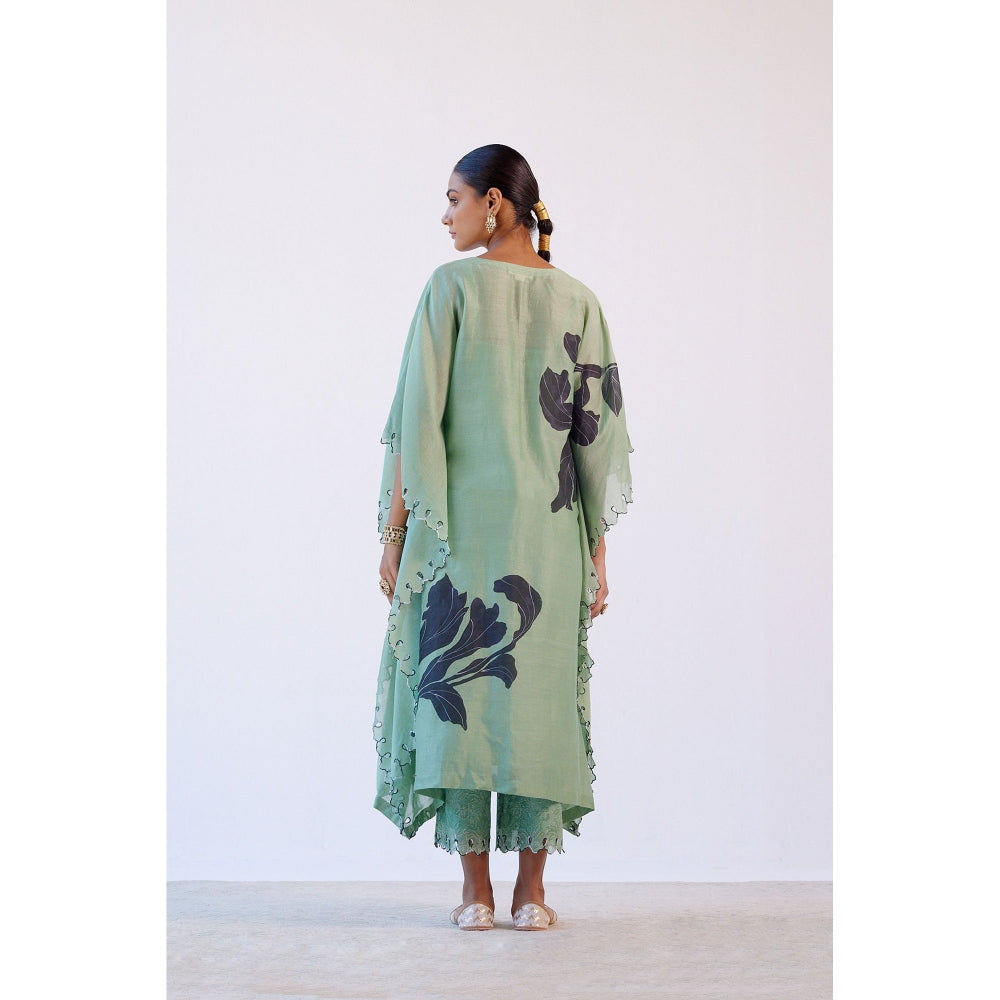 Devnaagri Green Hand Painted Chanderi Kaftan and Palazzo (Set of 2)