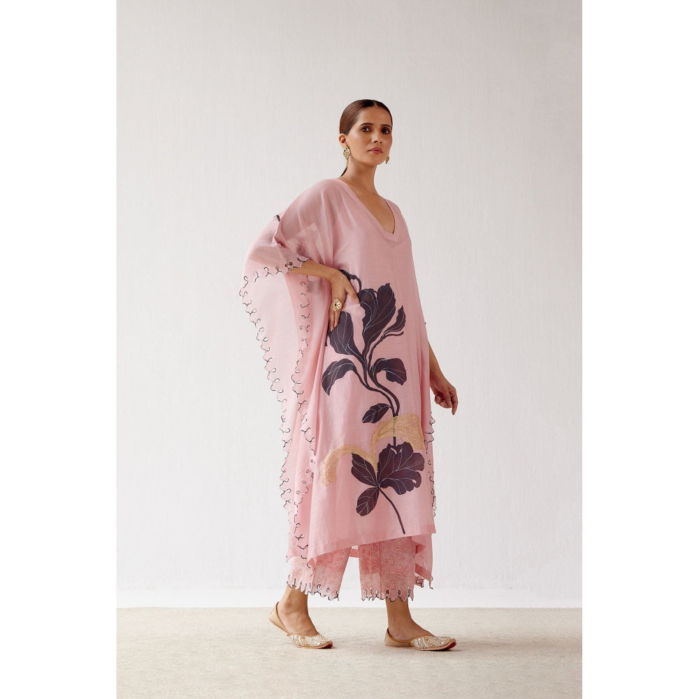 Devnaagri Pink Hand Painted Chanderi Kaftan and Palazzo (Set of 2)