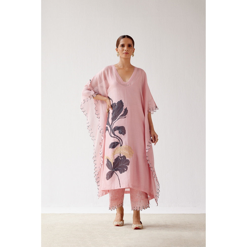 Devnaagri Pink Hand Painted Chanderi Kaftan and Palazzo (Set of 2)