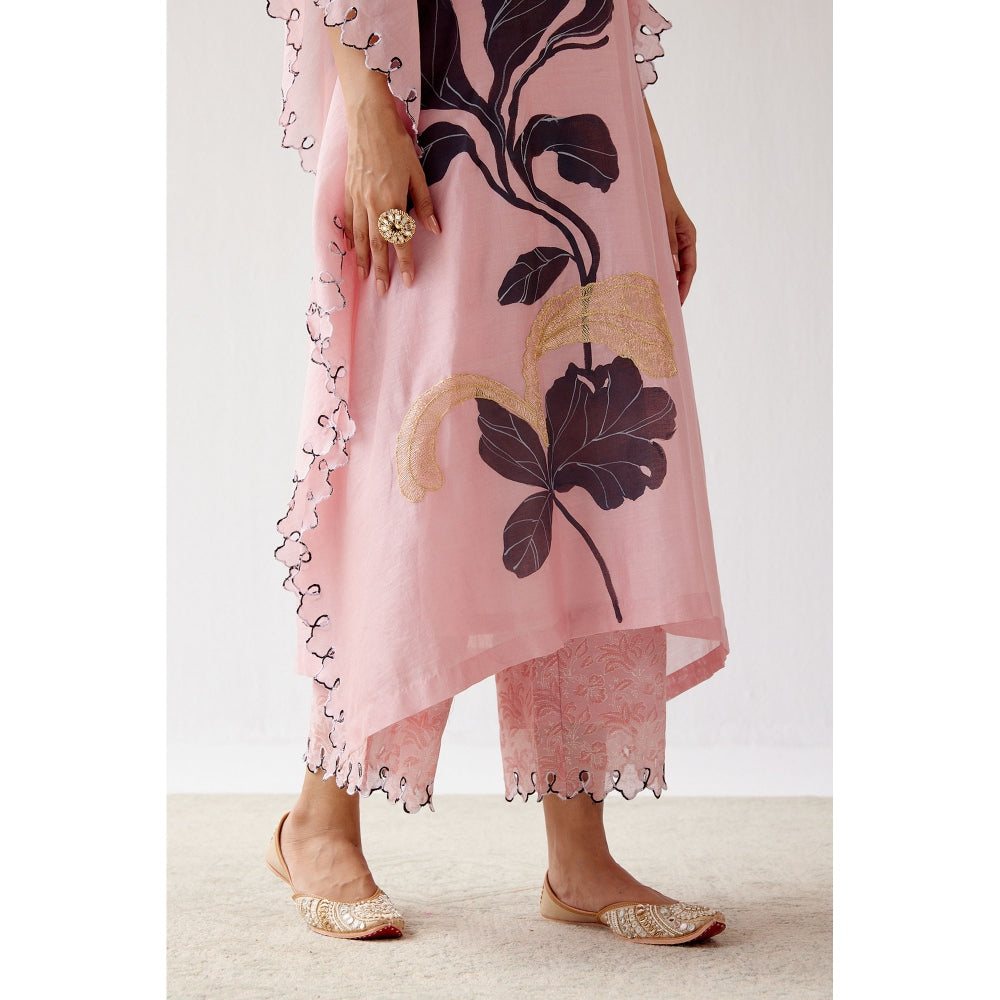 Devnaagri Pink Hand Painted Chanderi Kaftan and Palazzo (Set of 2)