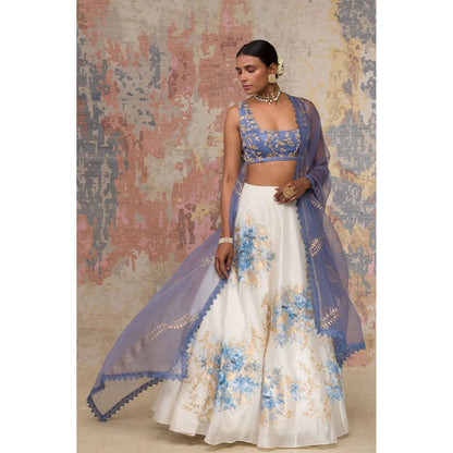 Devnaagri Blue Chanderi Silk Lehenga and Blouse with Dupatta (Set of 3)