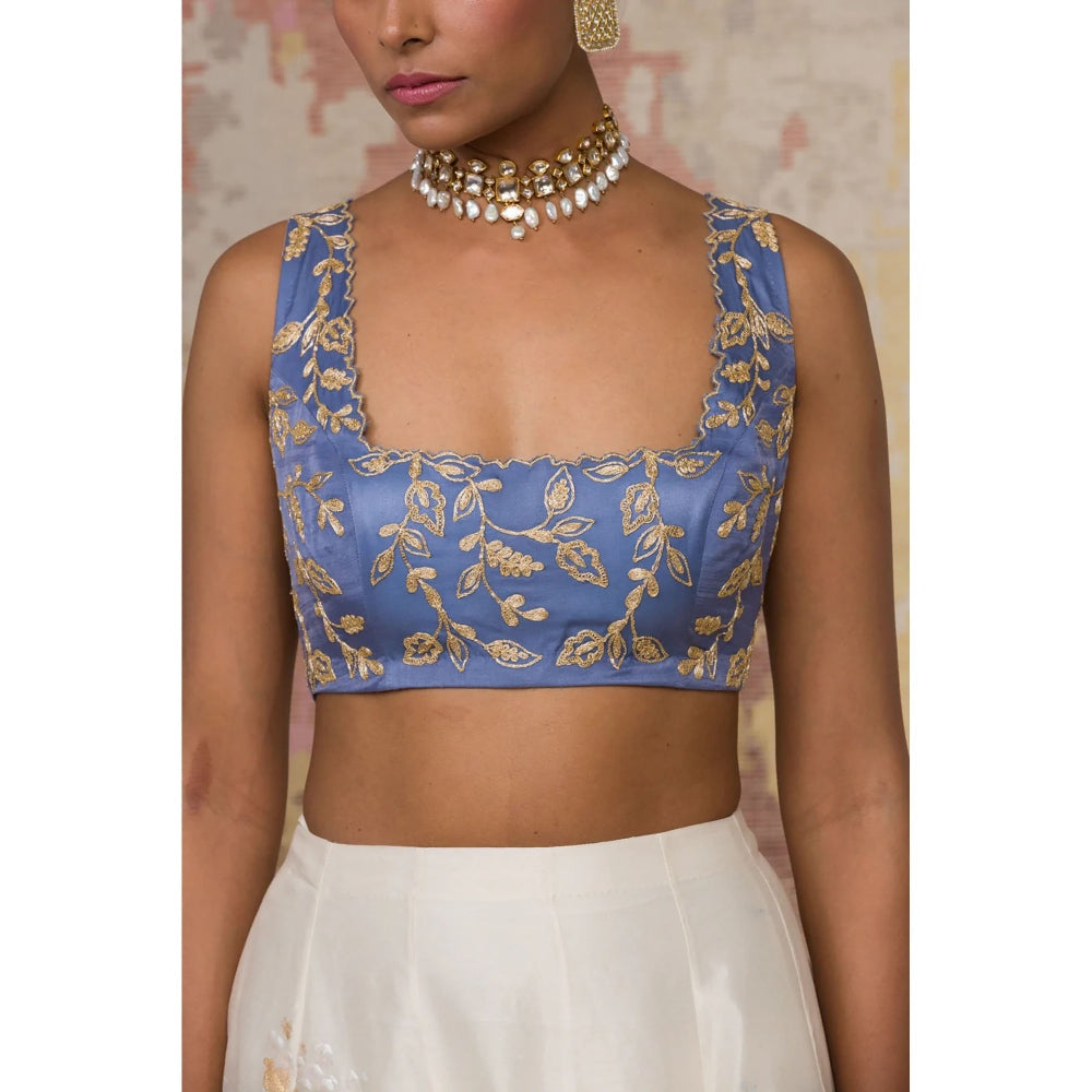 Devnaagri Blue Chanderi Silk Lehenga and Blouse with Dupatta (Set of 3)