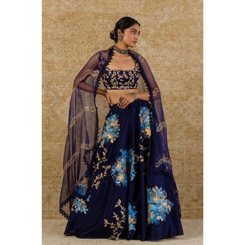 Devnaagri Navy Chanderi Silk Lehenga and Blouse with Dupatta (Set of 3)