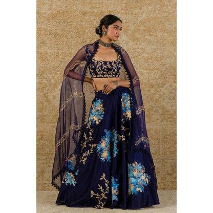 Devnaagri Navy Chanderi Silk Lehenga and Blouse with Dupatta (Set of 3)