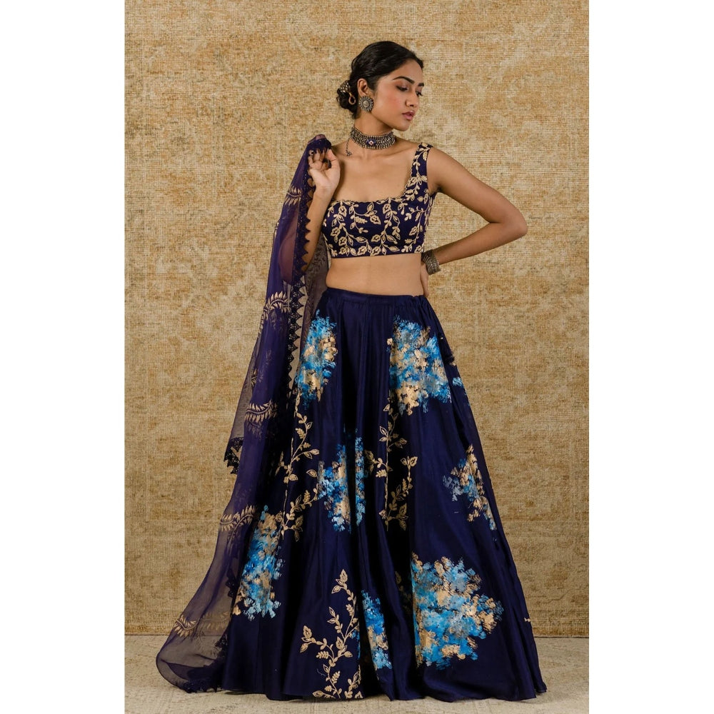 Devnaagri Navy Chanderi Silk Lehenga and Blouse with Dupatta (Set of 3)