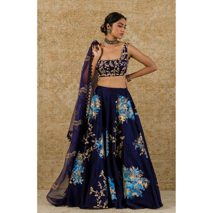 Devnaagri Navy Chanderi Silk Lehenga and Blouse with Dupatta (Set of 3)