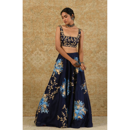 Devnaagri Navy Chanderi Silk Lehenga and Blouse with Dupatta (Set of 3)