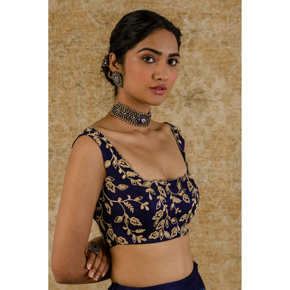 Devnaagri Navy Chanderi Silk Lehenga and Blouse with Dupatta (Set of 3)