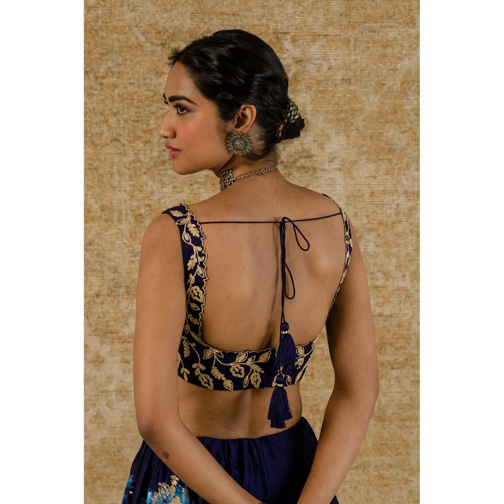 Devnaagri Navy Chanderi Silk Lehenga and Blouse with Dupatta (Set of 3)