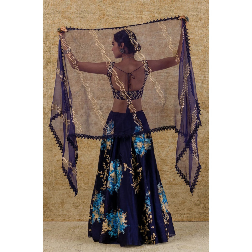 Devnaagri Navy Chanderi Silk Lehenga and Blouse with Dupatta (Set of 3)