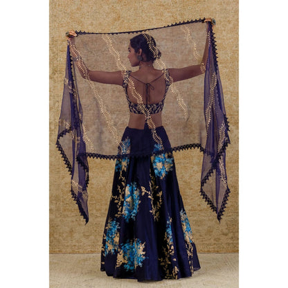Devnaagri Navy Chanderi Silk Lehenga and Blouse with Dupatta (Set of 3)