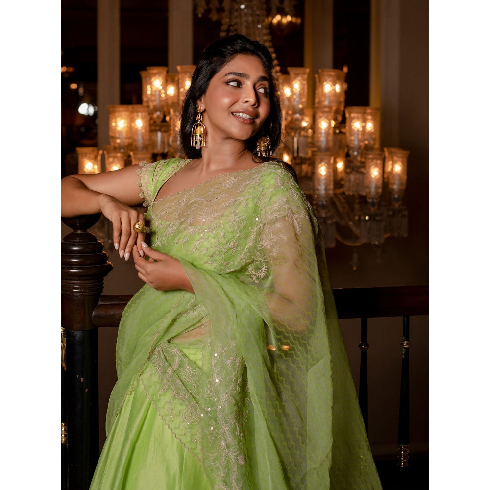 Devnaagri Green Hand Block Print Lehenga and Blouse with Dupatta (Set of 3)