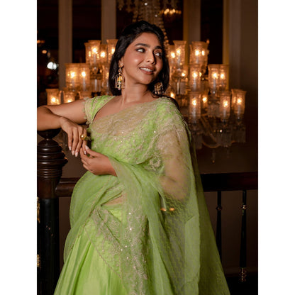 Devnaagri Green Hand Block Print Lehenga and Blouse with Dupatta (Set of 3)